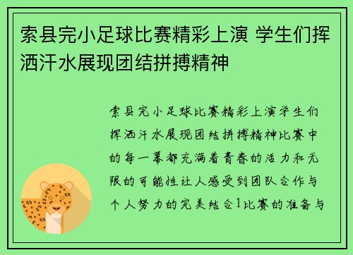 索县完小足球比赛精彩上演 学生们挥洒汗水展现团结拼搏精神