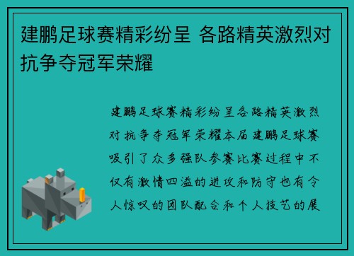建鹏足球赛精彩纷呈 各路精英激烈对抗争夺冠军荣耀