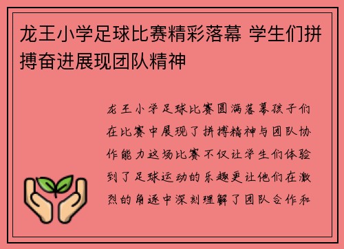 龙王小学足球比赛精彩落幕 学生们拼搏奋进展现团队精神