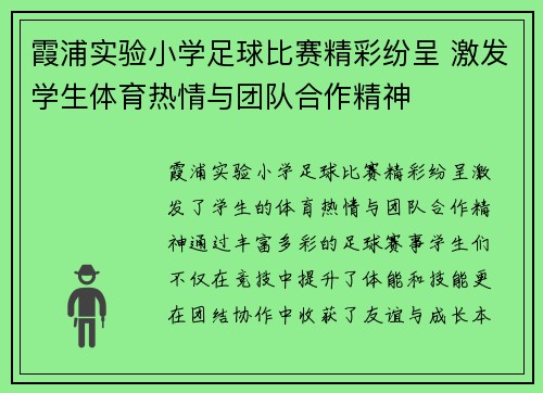 霞浦实验小学足球比赛精彩纷呈 激发学生体育热情与团队合作精神