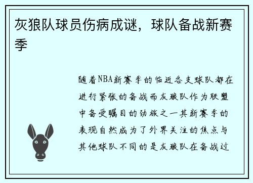 灰狼队球员伤病成谜，球队备战新赛季