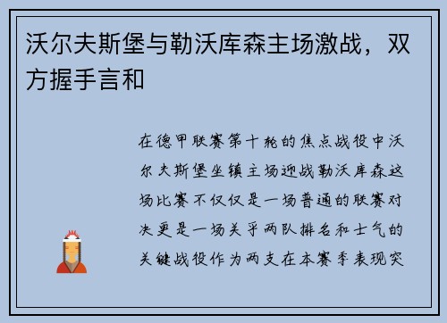 沃尔夫斯堡与勒沃库森主场激战，双方握手言和