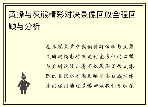 黄蜂与灰熊精彩对决录像回放全程回顾与分析