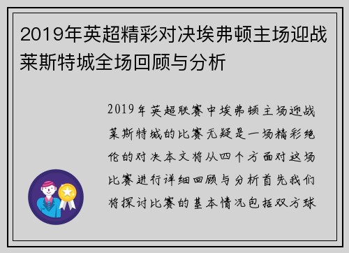 2019年英超精彩对决埃弗顿主场迎战莱斯特城全场回顾与分析