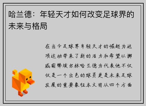 哈兰德：年轻天才如何改变足球界的未来与格局