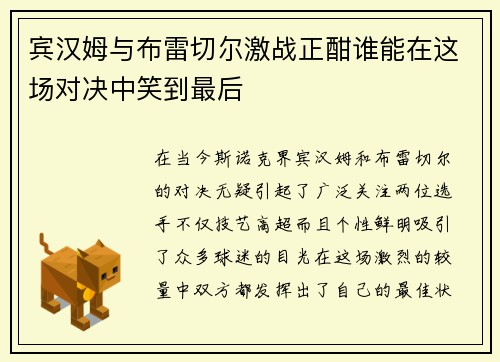 宾汉姆与布雷切尔激战正酣谁能在这场对决中笑到最后