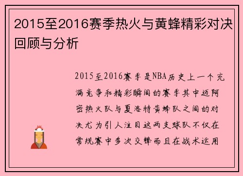 2015至2016赛季热火与黄蜂精彩对决回顾与分析
