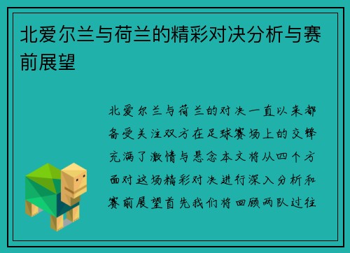 北爱尔兰与荷兰的精彩对决分析与赛前展望