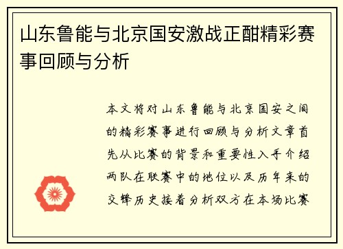 山东鲁能与北京国安激战正酣精彩赛事回顾与分析