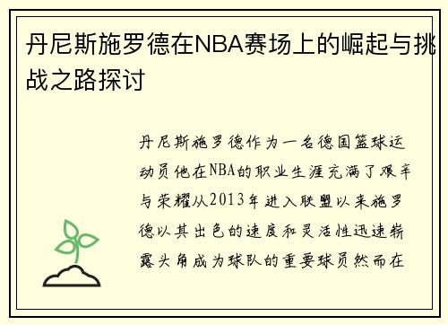 丹尼斯施罗德在NBA赛场上的崛起与挑战之路探讨