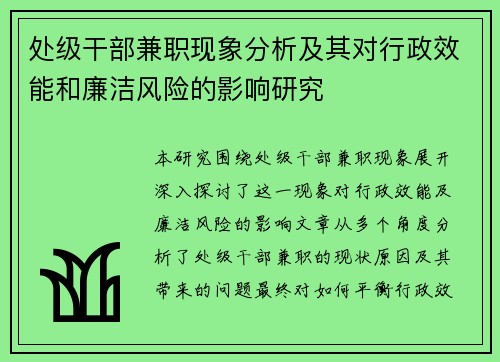 处级干部兼职现象分析及其对行政效能和廉洁风险的影响研究