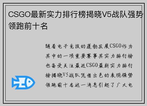 CSGO最新实力排行榜揭晓V5战队强势领跑前十名