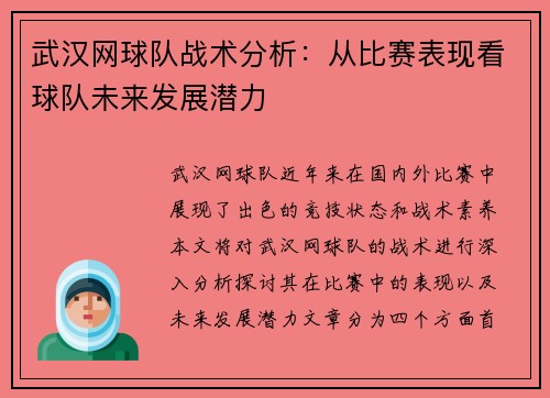 武汉网球队战术分析：从比赛表现看球队未来发展潜力