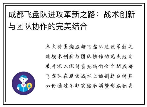 成都飞盘队进攻革新之路：战术创新与团队协作的完美结合