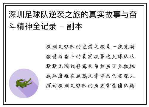 深圳足球队逆袭之旅的真实故事与奋斗精神全记录 - 副本